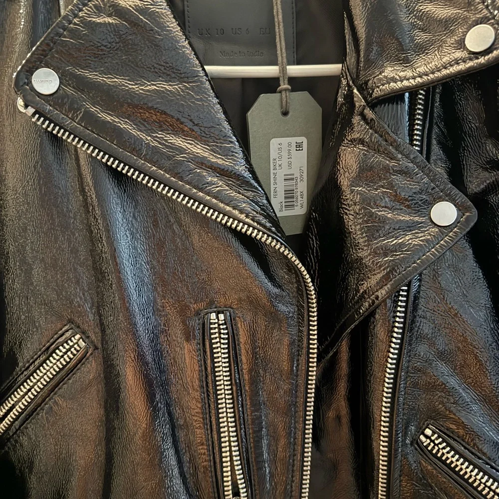All Saints Shiny Black Leather Jacket - Picture 2 of 6